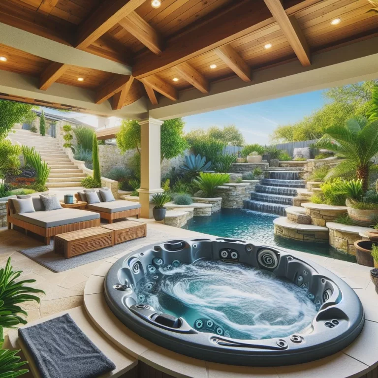 A serene backyard with a built-in hot tub surrounded by lush greenery and comfortable seating, creating a relaxing oasis.