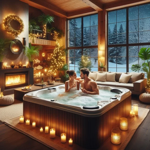 A cozy winter cabin interior with a couple relaxing in a hot tub, surrounded by a snowy forest landscape visible through large windows. The room is decorated with holiday greenery and warm lighting.