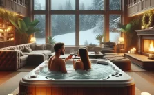 A cozy winter cabin interior with a couple relaxing in a hot tub surrounded by festive lights, greenery, and a snowy winter landscape visible through the large windows.