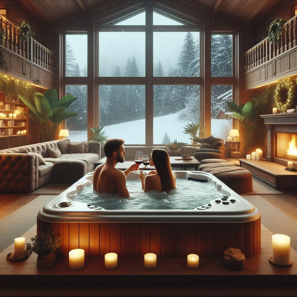 A cozy winter cabin interior with a couple relaxing in a hot tub surrounded by festive lights, greenery, and a snowy winter landscape visible through the large windows.