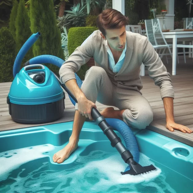 a man cleaning hot tub  bottom using Pool Vac method 