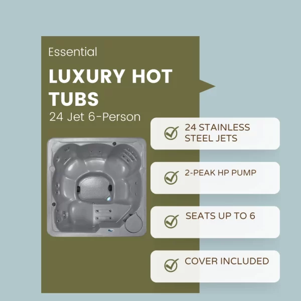 Luxury Essential Hot Tubs Shoreline Lounger 24 Jet 6-Person with info text