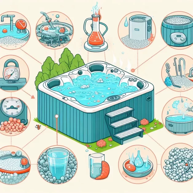 Illustration showing common hot tub components affected by scale. The image includes a close-up of a heater element covered in scale, a pump impeller clogged with scale buildup, and a filter blocked by scale deposits.