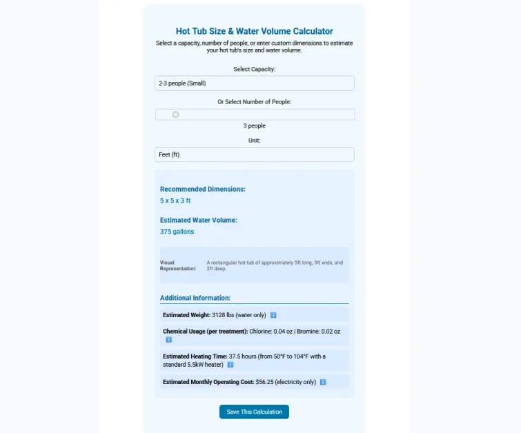 Hot Tub Size and Dimensions Guide: 4 A snapshot of Hot Tub Dimensions Converter calculator app interface.