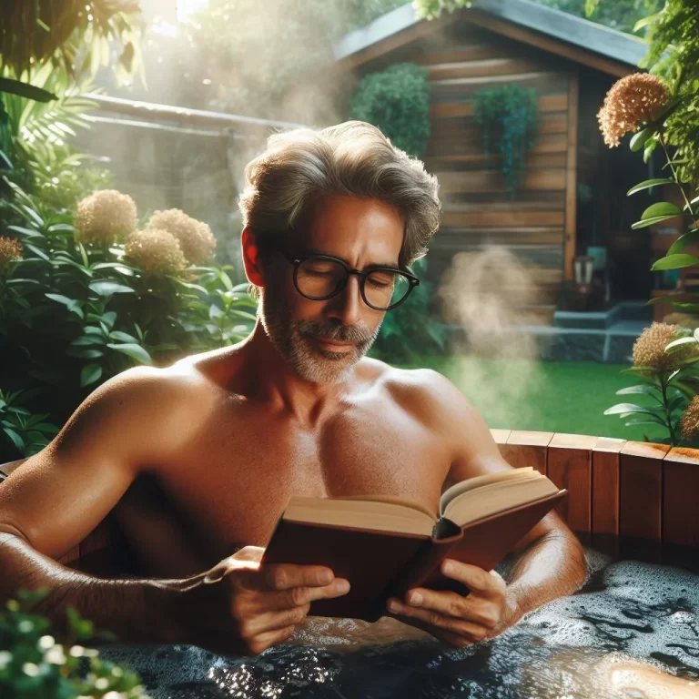 A person reading a book while relaxing in a hot tub, surrounded by lush greenery and a wooden cabin in the background. The person’s face is not visible.