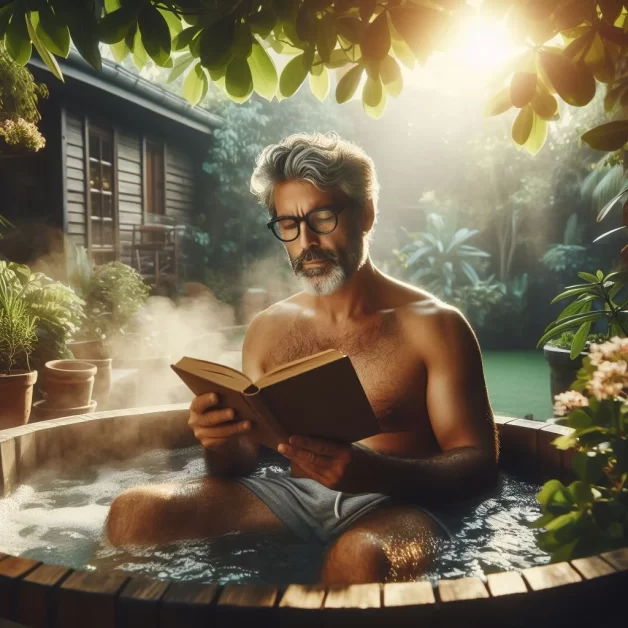 A person relaxing in a hot tub, surrounded by lush greenery, reading a book.