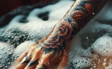 A tattooed arm submerged in a bath filled with soapy water.