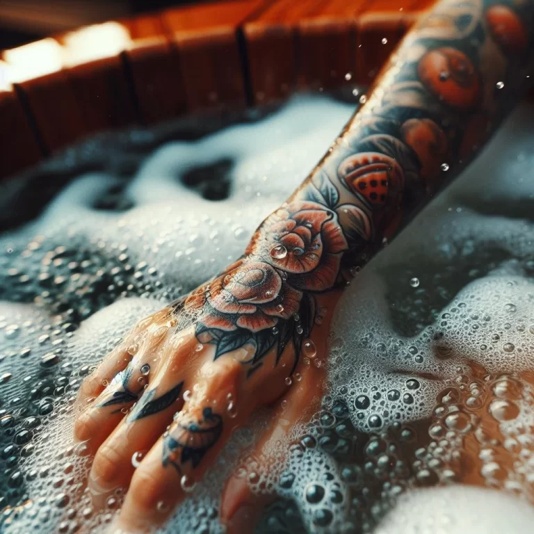 A tattooed arm submerged in a bath filled with soapy water.