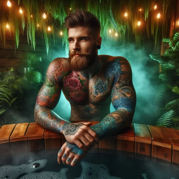 A person with a heavily tattooed upper body is sitting by a hot tub, surrounded by greenery and hanging lights. The face is not visible.