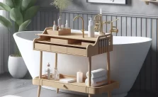 A versatile and elegant freestanding bathtub tray table, equipped with compartments for a relaxing bath experience