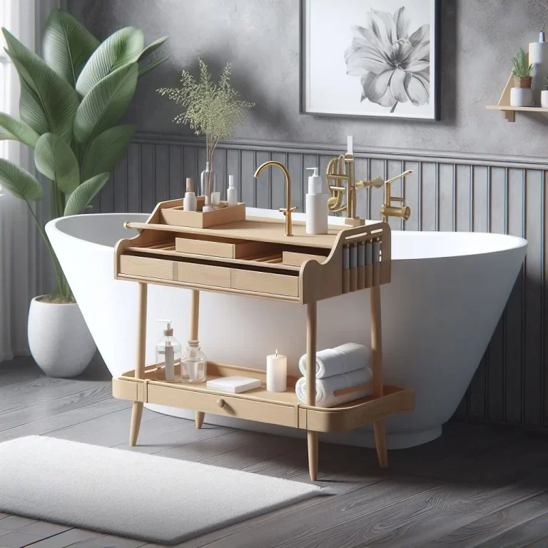 A versatile and elegant freestanding bathtub tray table, equipped with compartments for a relaxing bath experience