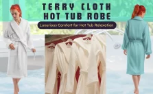 An advertisement showcasing terry cloth hot tub robes, displaying a person wearing a white robe on the left, multiple hanging white robes in the center, and a person wearing a teal robe on the right, with text emphasizing their luxurious comfort.