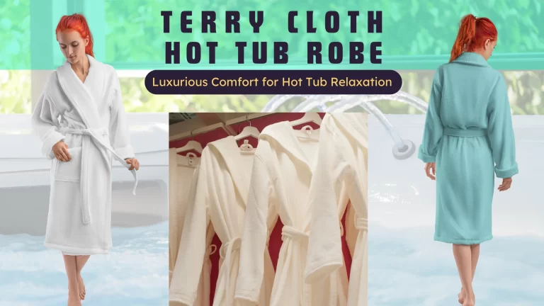 An advertisement showcasing terry cloth hot tub robes, displaying a person wearing a white robe on the left, multiple hanging white robes in the center, and a person wearing a teal robe on the right, with text emphasizing their luxurious comfort.