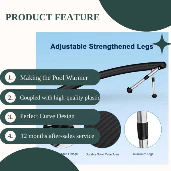 YiViKPE Curve Solar Pool Heater for Above and Inground Pools with product features and info text.