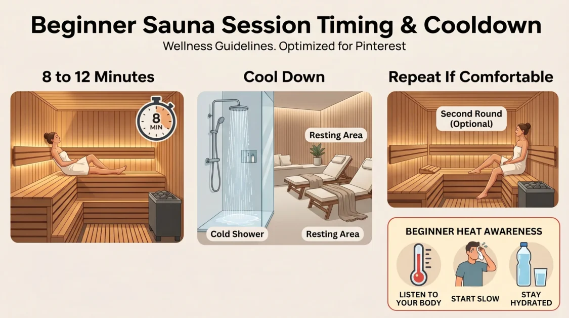 Infographic showing beginner sauna session timing, cooling down, and safe sauna routine steps.