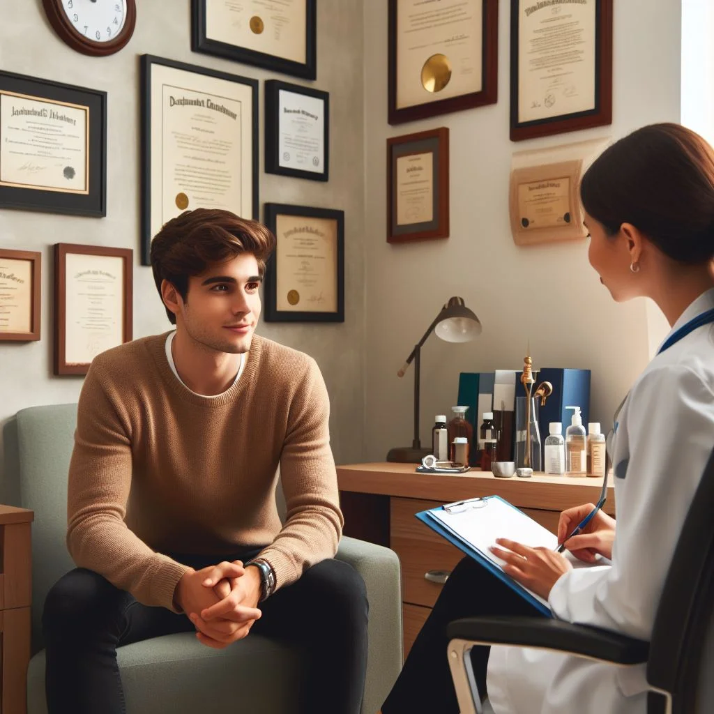 An image showing a young man sitting on a couch in what appears to be a professional's office, filled with framed certificates and awards on the walls. The man is speaking with a healthcare professional, likely a doctor or therapist, who is sitting across from him and taking notes on a clipboard.