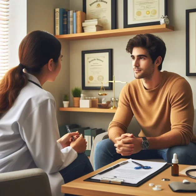 A young man consults with a healthcare professional in an office setting with framed credentials on the walls.