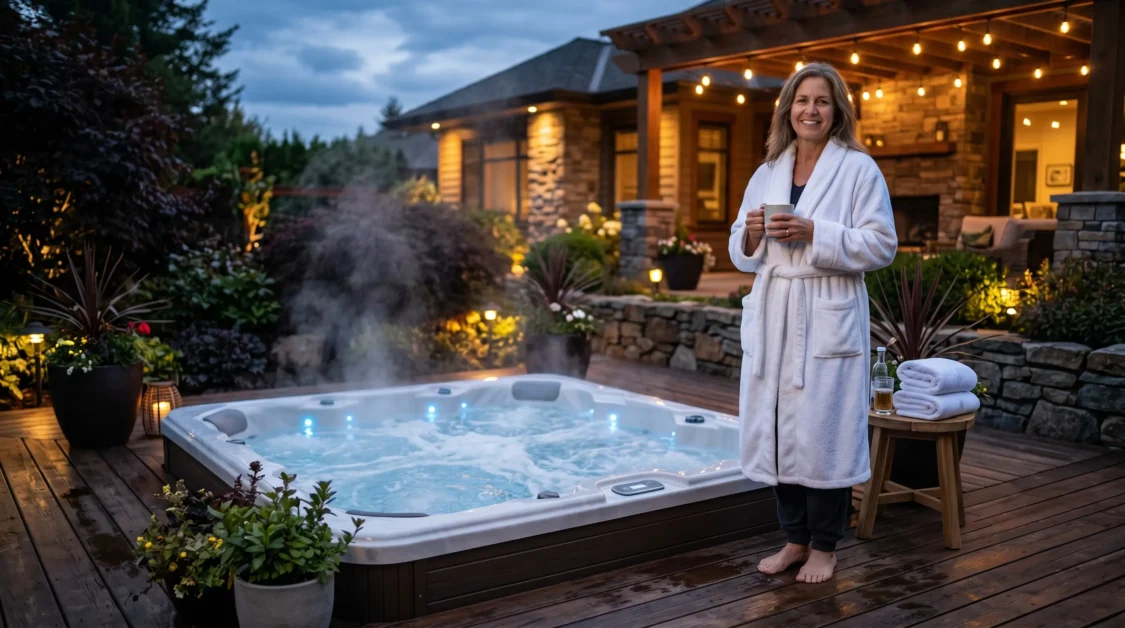 Homeowner in white robe beside steaming backyard hot tub at dusk.