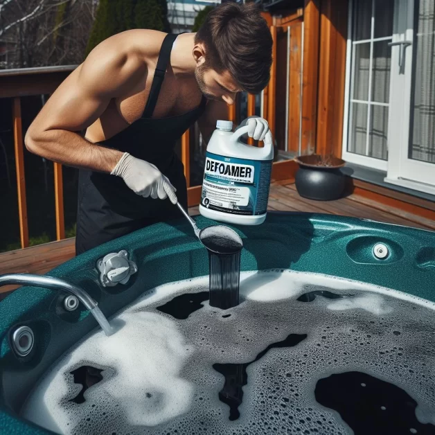 A person adding defoamer to a foamy hot tub.