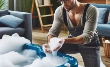 A person is seen washing clothes by hand in a blue tub filled with soapy water, surrounded by a cozy indoor environment.