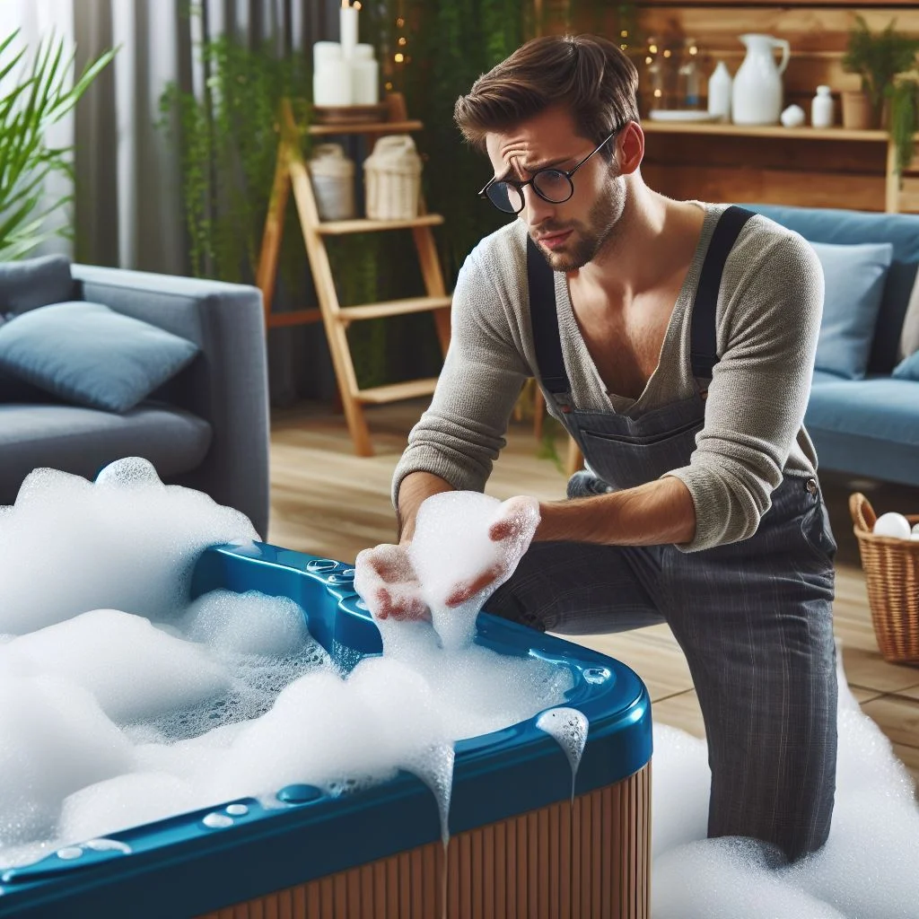 A person is seen washing clothes by hand in a blue tub filled with soapy water, surrounded by a cozy indoor environment.