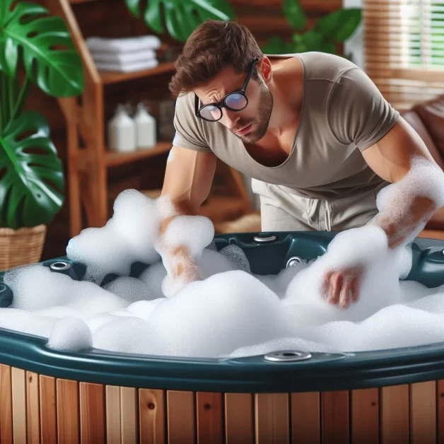 A person is handwashing clothes in a blue tub filled with soapy water, set in a cozy indoor environment.