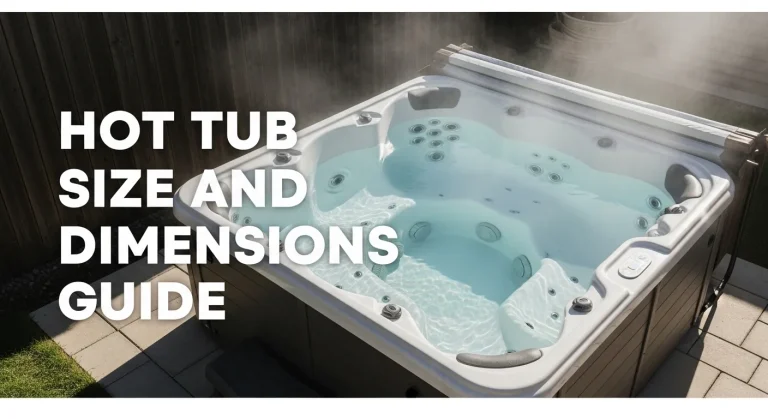 Hot tub on a backyard patio with bold text reading Hot Tub Size and Dimensions Guide.