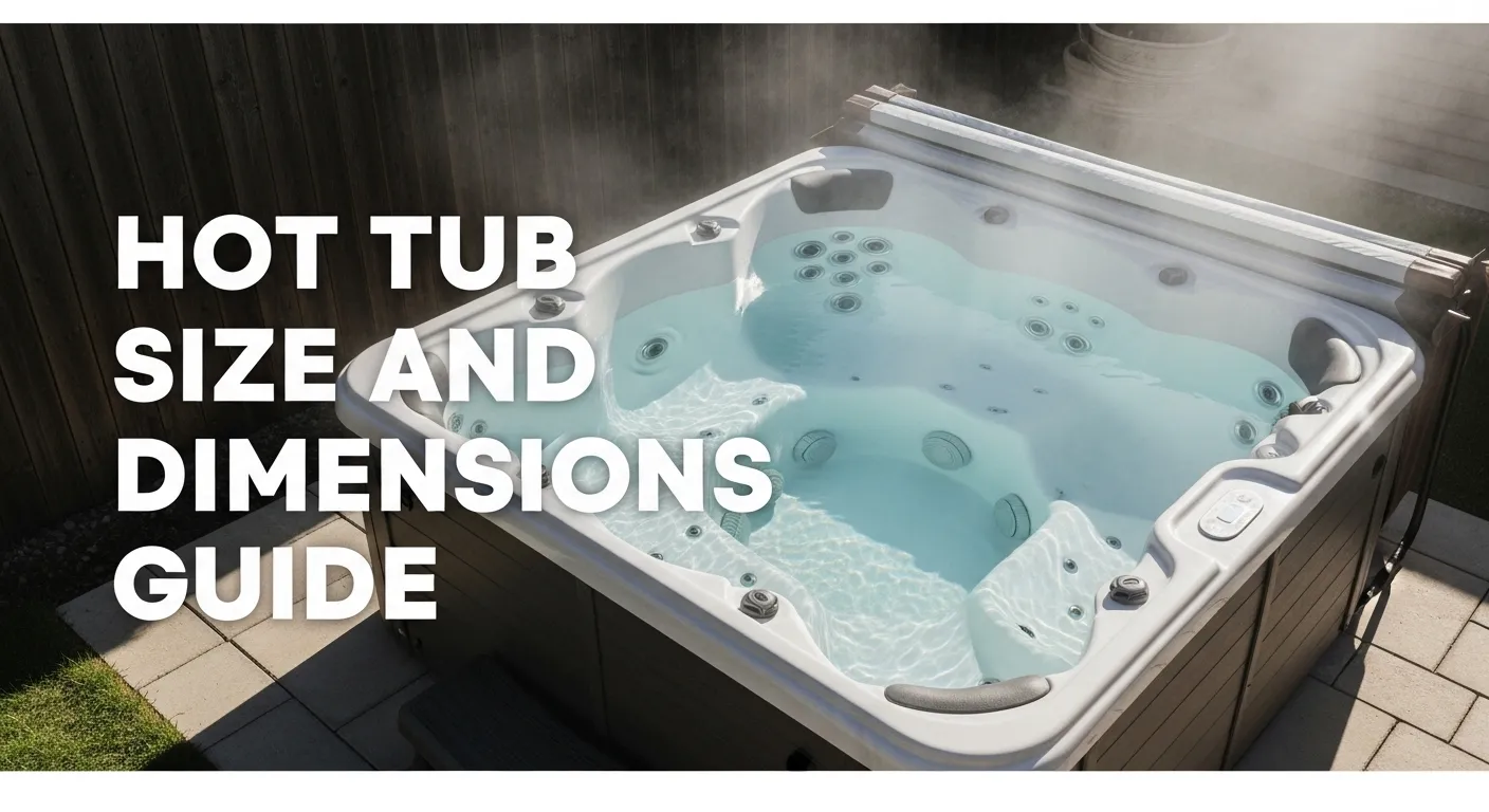 Hot tub on a backyard patio with bold text reading Hot Tub Size and Dimensions Guide.