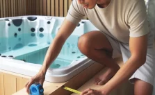 A man measuring outside size and dimension of a hot tub