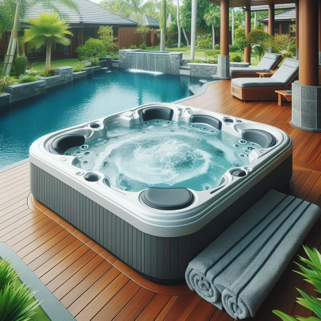 An outdoor pool and jacuzzi area surrounded by lush greenery, wooden decking, lounge chairs, and a covered seating area.