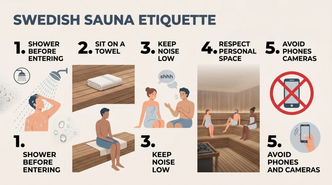 Infographic explaining Swedish sauna etiquette rules with simple illustrated sauna behavior tips.