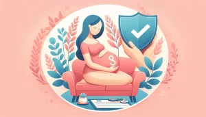 An illustrated image showcasing the concept of prenatal massages and insurance coverage, featuring symbols of healthcare, pregnancy, and financial security.