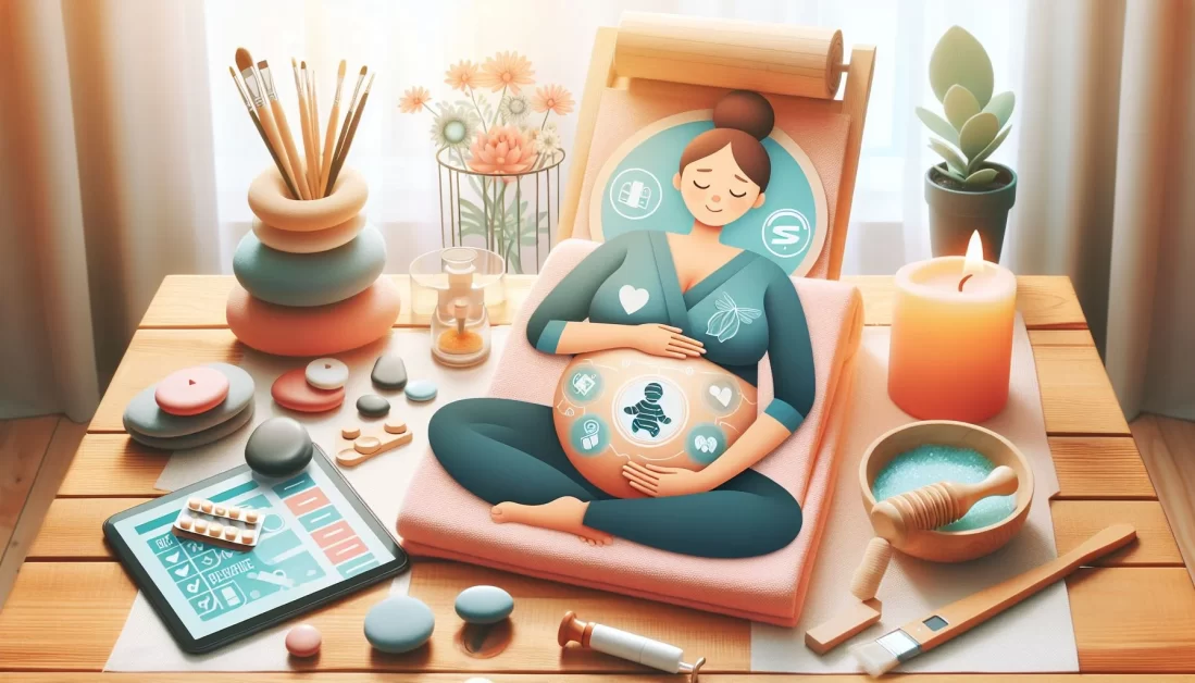 A tranquil setting for prenatal relaxation, featuring a reclined individual surrounded by wellness and art supplies, with a focus on the intimate connection to their unborn child.