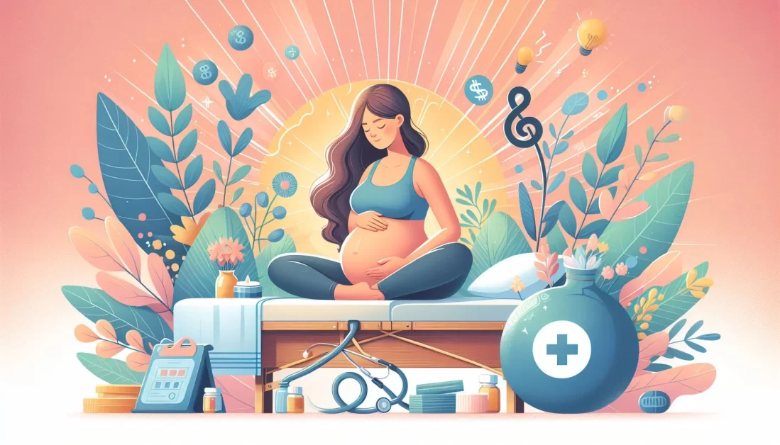 A serene depiction of a pregnant individual in meditation, surrounded by symbols of financial and emotional well-being, highlighting the holistic approach to prenatal care.