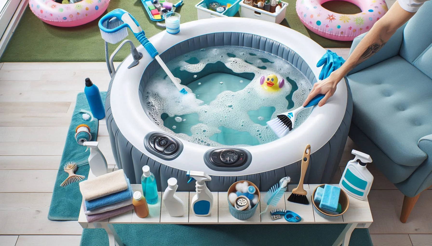 Maintaining a clean inflatable hot tub with various cleaning tools and methods for a hygienic soaking experience.