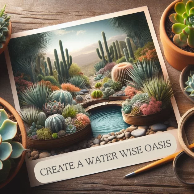 An image of a desert landscape with various cacti, succulents, and a small stream running through the scene. The image appears as an illustration or photograph surrounded by potted succulents and a pencil on a wooden surface. The caption below reads "Create a Water Wise Oasis"