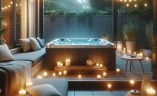 Imagine a tranquil patio oasis with a hot tub as the focal point. Surrounding the tub are plush outdoor cushions, flickering candles, and a soft, glowing string of lights overhead.