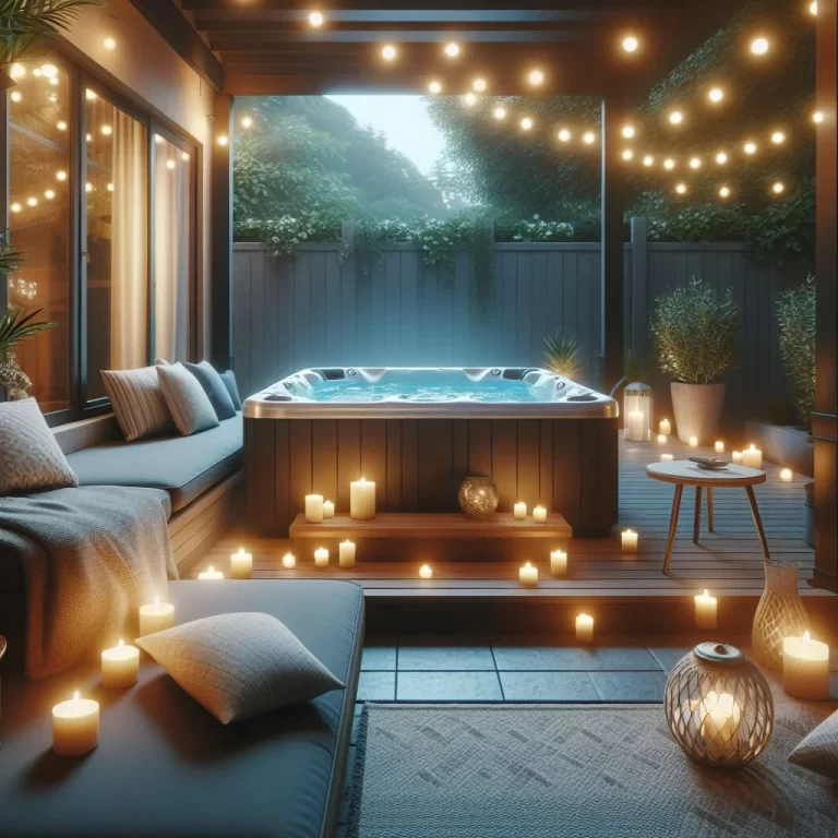 Imagine a tranquil patio oasis with a hot tub as the focal point. Surrounding the tub are plush outdoor cushions, flickering candles, and a soft, glowing string of lights overhead.