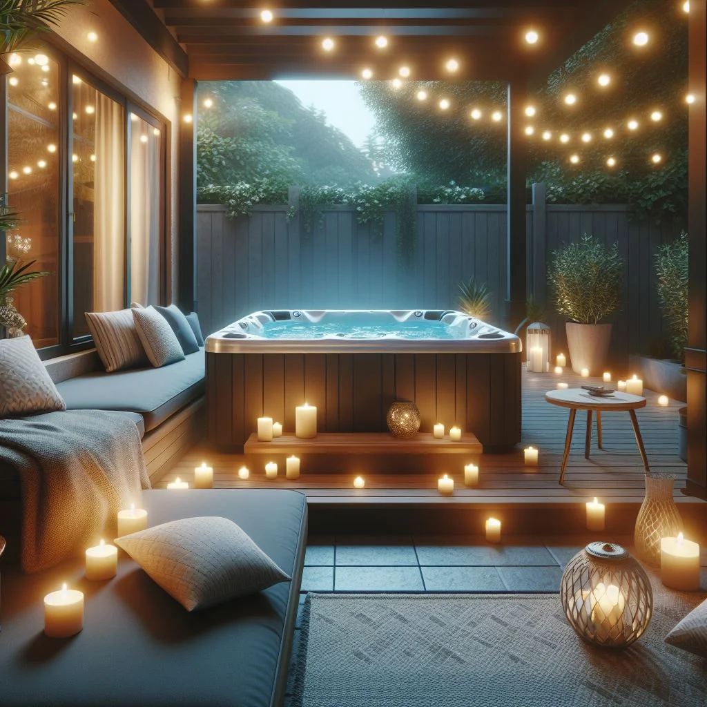 Imagine a tranquil patio oasis with a hot tub as the focal point. Surrounding the tub are plush outdoor cushions, flickering candles, and a soft, glowing string of lights overhead.