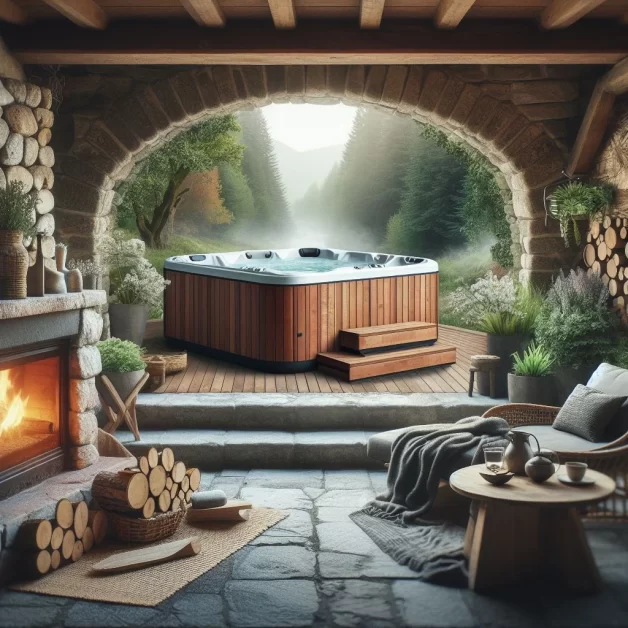 A cozy indoor spa area with a wooden hot tub overlooking a lush, foggy forest archway. The room features natural stone walls, a warm fireplace with stacked firewood, plush seating areas, and rustic decor creating an inviting, relaxing atmosphere.