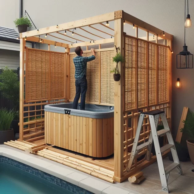 A wooden structure with a hot tub, bamboo fencing, hanging lights, and potted plants, set up near a swimming pool in a backyard area.