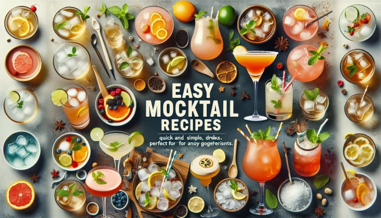 a variety of easy mocktail recipes perfect for any gathering. The image includes quick and simple non-alcoholic drinks, made with readily available ingredients, that will impress guests and add a refreshing touch to parties.