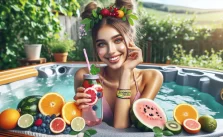 A woman relaxing by a hot tub, holding a mason jar filled with a refreshing drink, surrounded by an assortment of fruits in a serene garden setting.