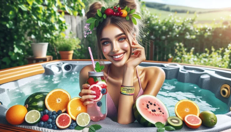 A woman relaxing by a hot tub, holding a mason jar filled with a refreshing drink, surrounded by an assortment of fruits in a serene garden setting.