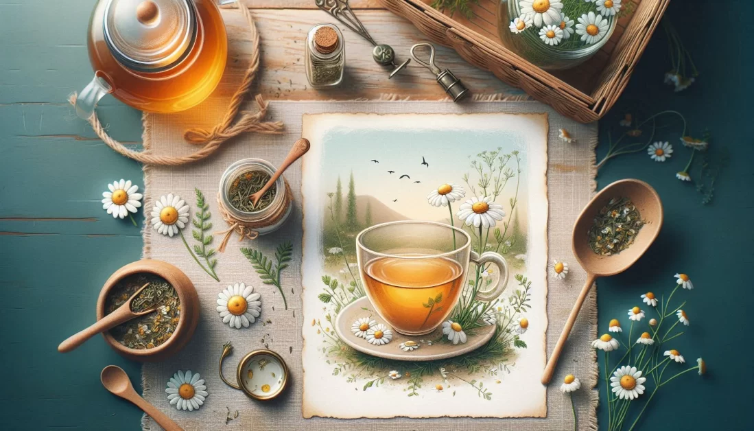 A serene setting of a cup of tea surrounded by daisies, a teapot, and other tea accessories on a blue wooden surface.