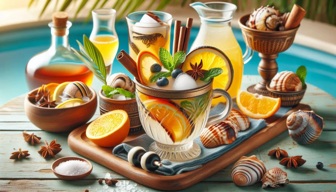 A delightful array of non-alcoholic hot tub beverages, garnished with orange slices, seashells, and spices, presented on a wooden tray against the calming blue waters.