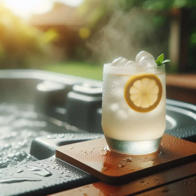 A serene setting featuring a non-alcoholic lemon-infused drink resting on the edge of a steaming hot tub, surrounded by a lush green oasis.