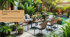 A serene outdoor patio area with a variety of furniture types, including a wooden table with matching chairs that have woven backrests and white cushions, surrounded by lush green plants and decorative pots.