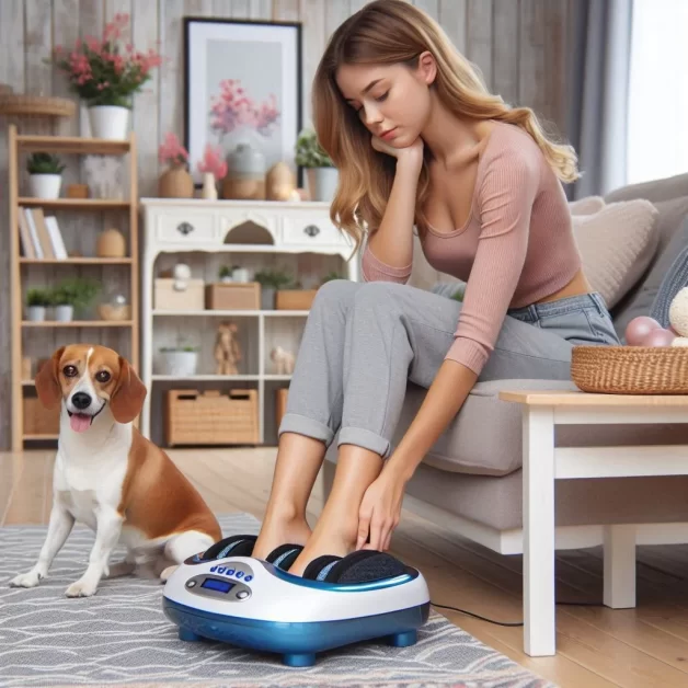 A young woman enjoys a moment of tranquility on a sofa, using a shiatsu foot massager to ease into a relaxed state.