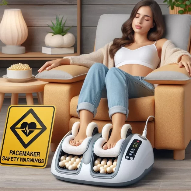 A young woman relaxes on a sofa while using a shiatsu foot massager, with a content expression indicating a state of relaxation.